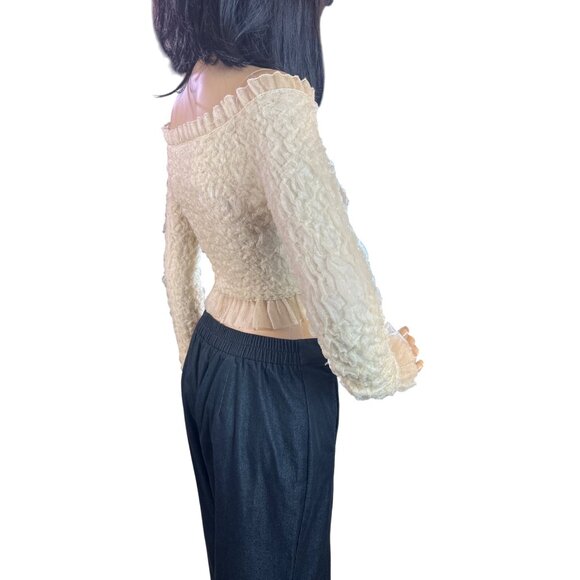 Zara Off the Shoulder Cropped Tulle Ruffle Trim Top in Pale Yellow Size Small - Picture 4 of 6